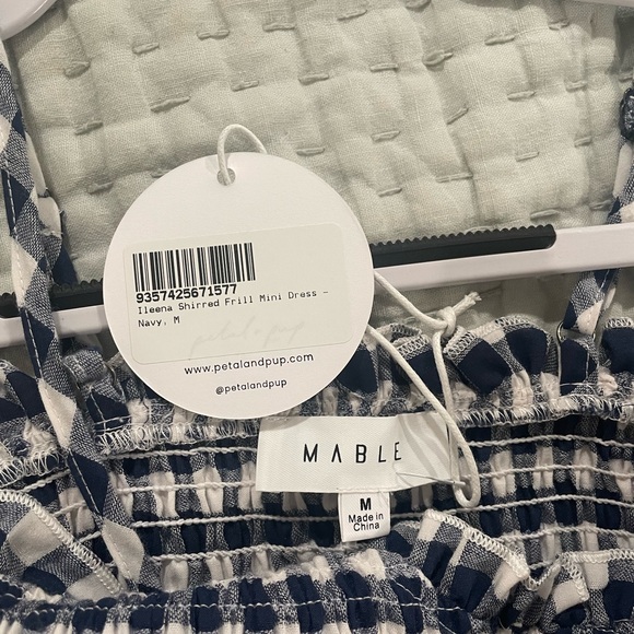 Petal & Pup X MABLE | NEW Ileena Shirred Frill Mini Dress in Ginham Navy Size M - Picture 3 of 3